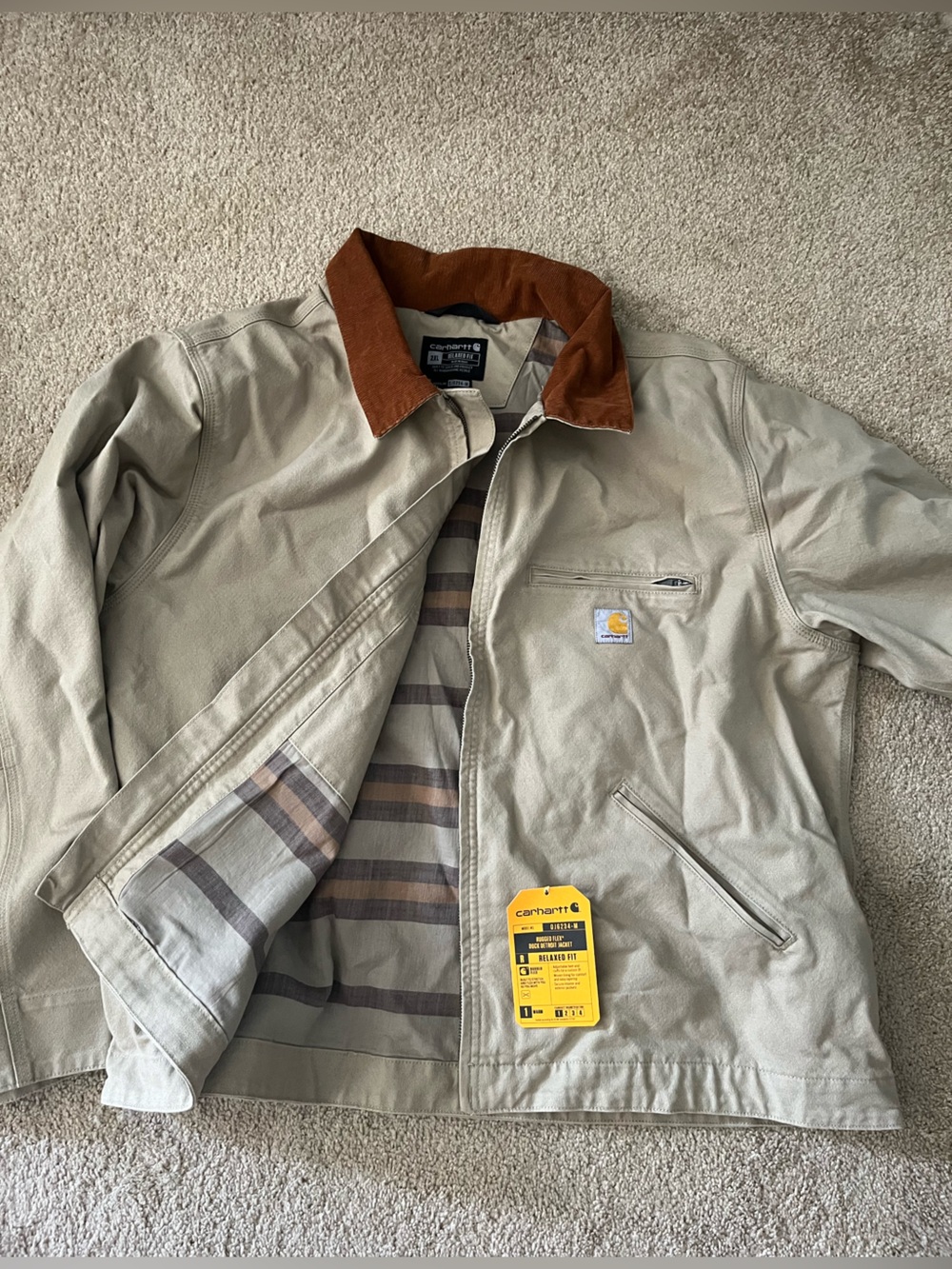 Carhartt Tan Lightweight Jacket with Brown Corduroy Collar